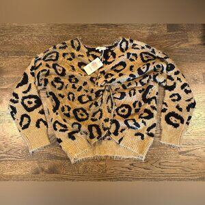 Entro NWT Leopard Print Fuzzy Sweater Twist Front Black Brown Statement Cozy L